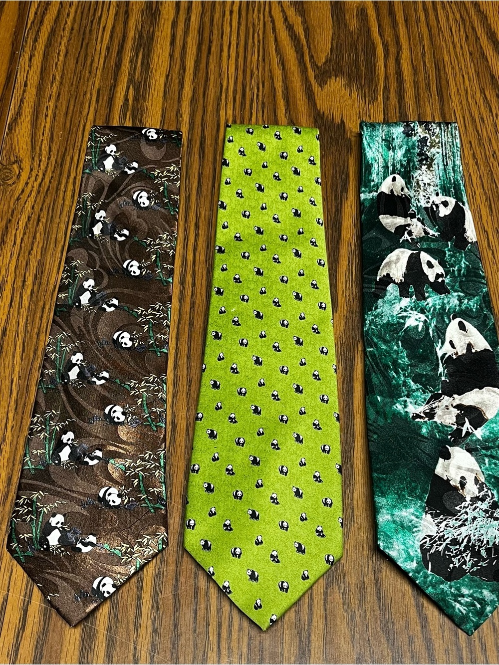 Kai Long Gold City Panda Pattern Silk Neckties - Green - Brown - Set Of Three